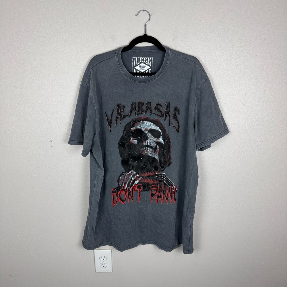 Valabasas Tee Shirt Vintage Mens XXL Rhinestone Skull Don't Panic Gray Cotton